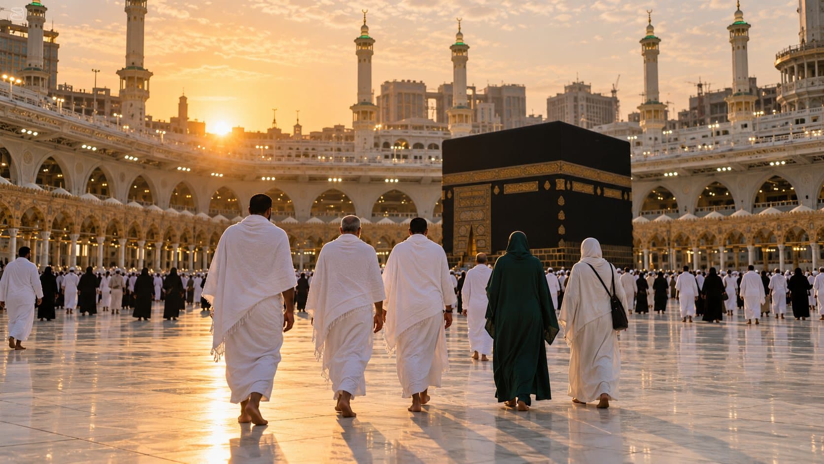 A group of pilgrims walking towards Masjid al-Haram at sunrise
