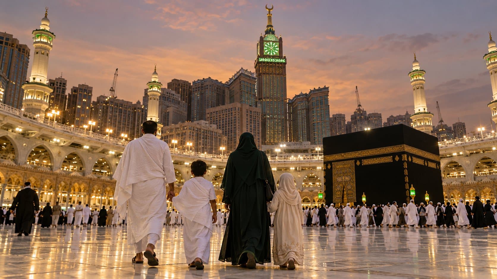 A family walking towards Masjid al-Haram at dusk