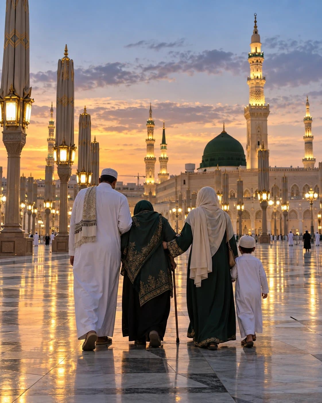 A family walking together in the courtyard of Masjid an-Nabawi