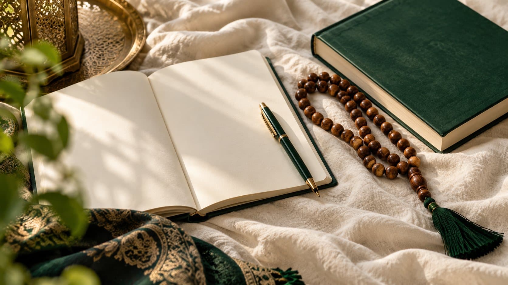 A notebook, pen and tasbih on linen