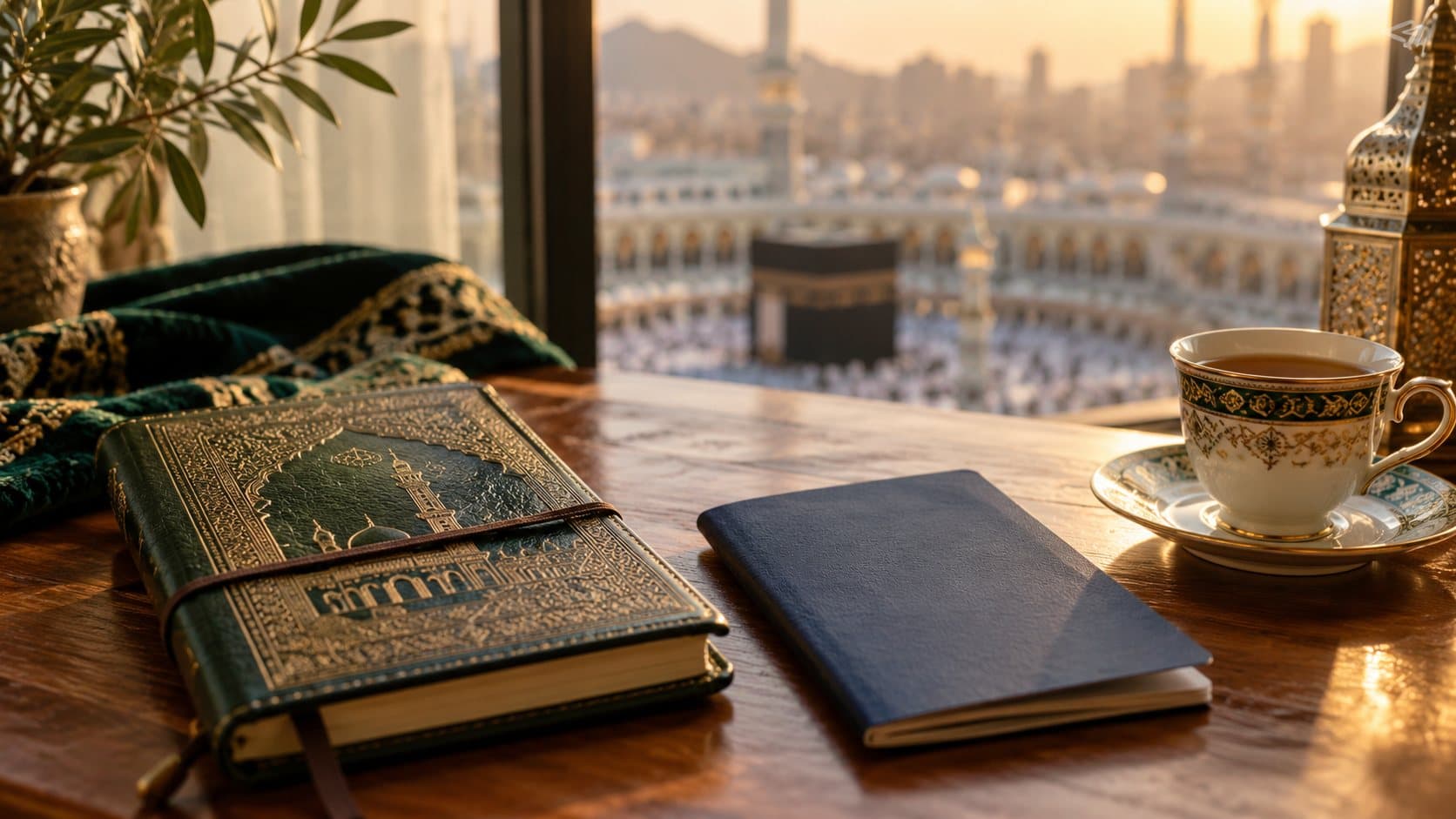A travel journal, passport and tea by a window
