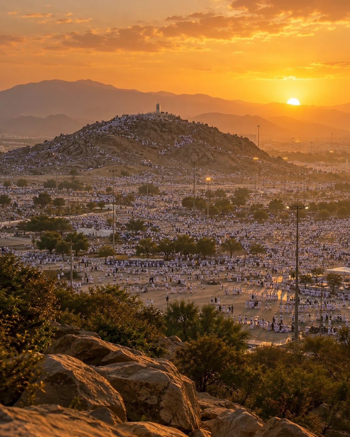 Pilgrims on the plain of Arafat at sunset