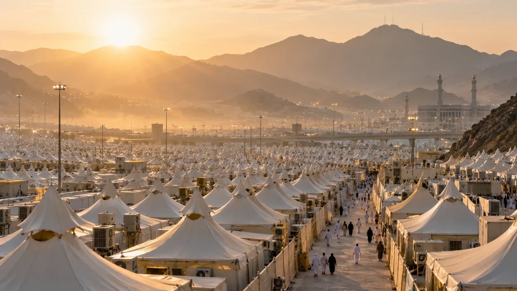 The tent city of Mina at sunrise with pilgrims walking