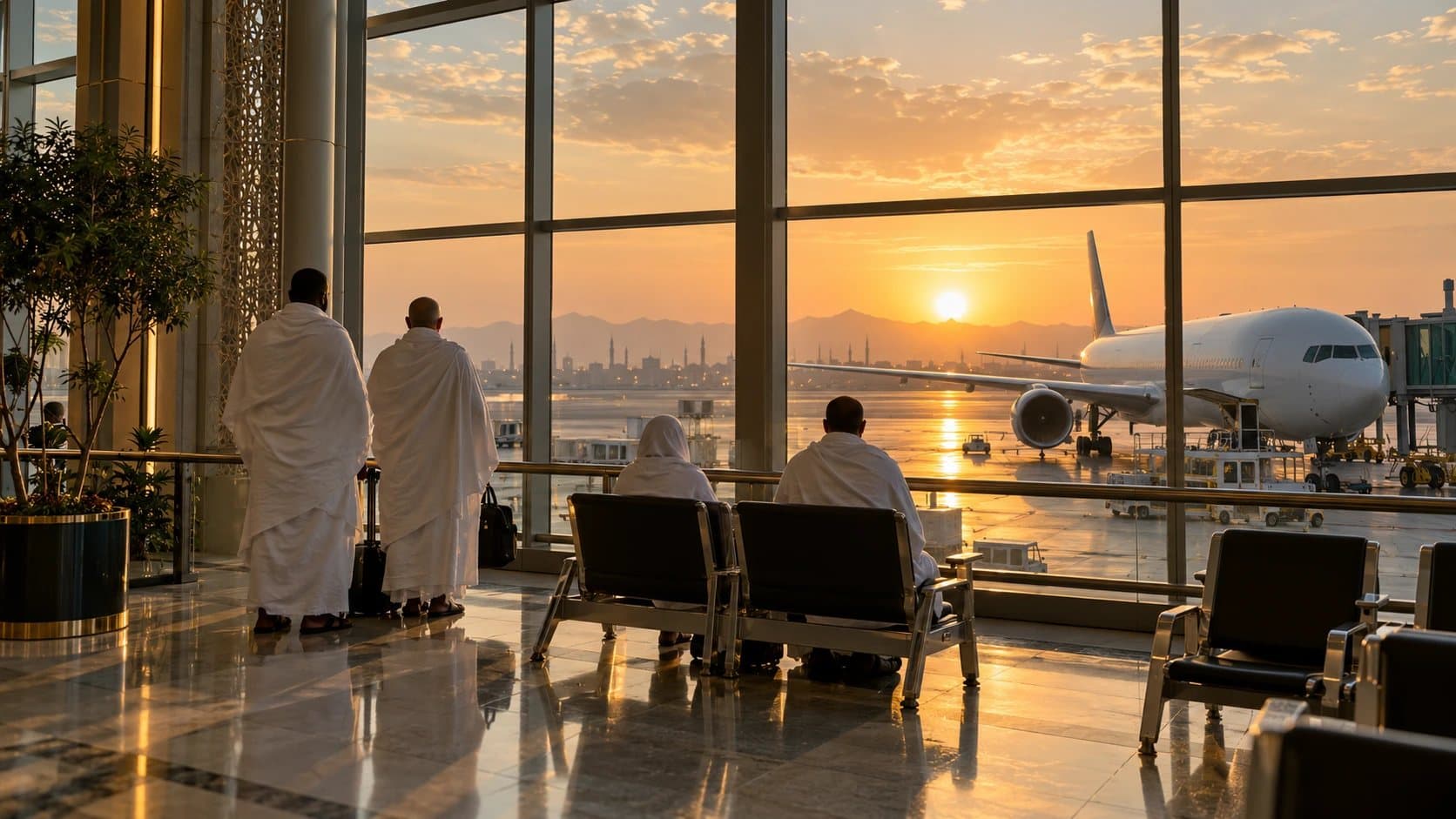 Pilgrims in ihram waiting at an airport gate at sunrise
