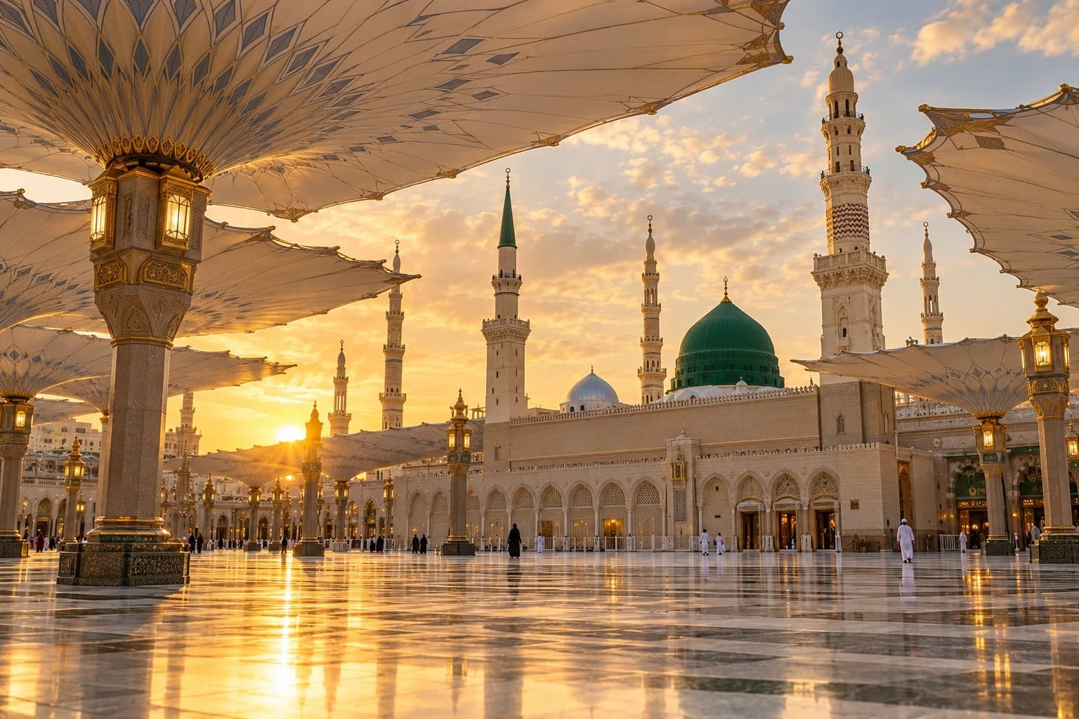 The green dome and courtyard umbrellas of Masjid an-Nabawi in Madinah